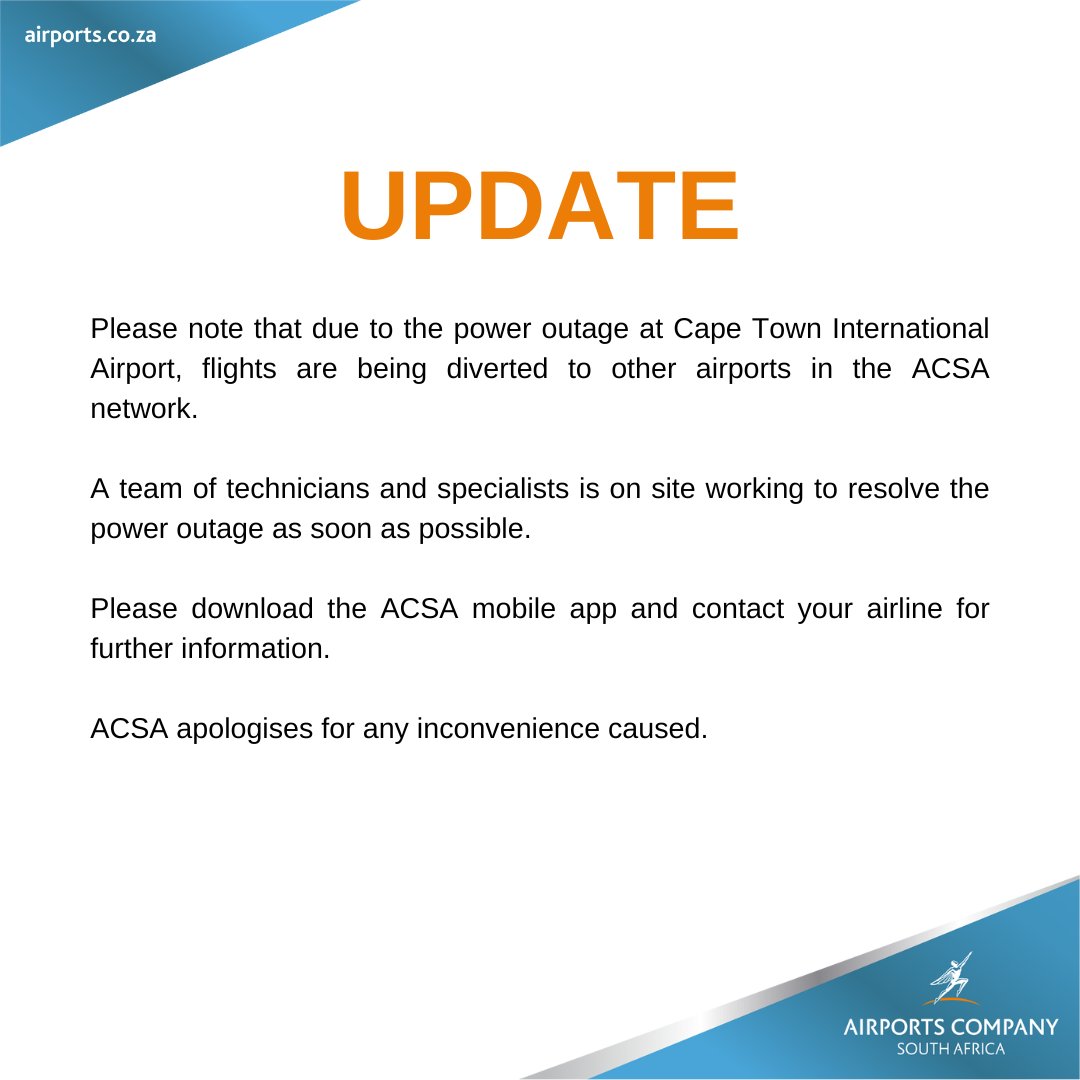 capetownint's tweet photo. UPDATE: Please note that due to power outage at @capetownint, flights are being diverted to other airports in the @Airports_ZA network. A team of technicians and specialists is on site working to resolve the power outage as soon as possible. https://t.co/KXkKDYftw7