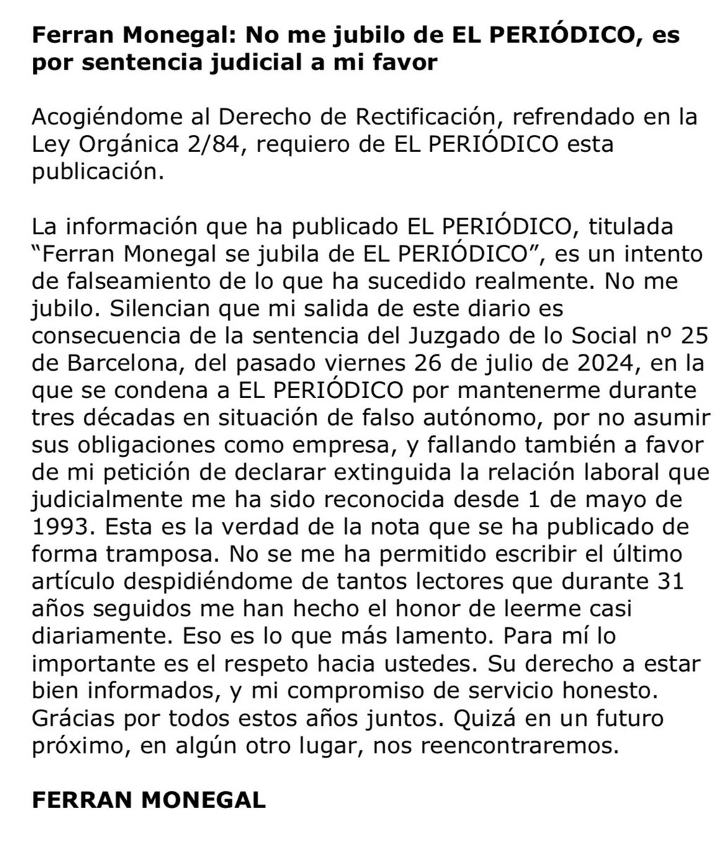Después de 31 años, dejo El Periódico. A todos los que me habéis seguido durante tanto tiempo, infinita gratitud. No salgo de El Periódico por causa de jubilación, como han intentado informar falsamente. Aquí os adjunto la verdad de lo sucedido.
👇🏻
elperiodico.com/es/tele/202407…