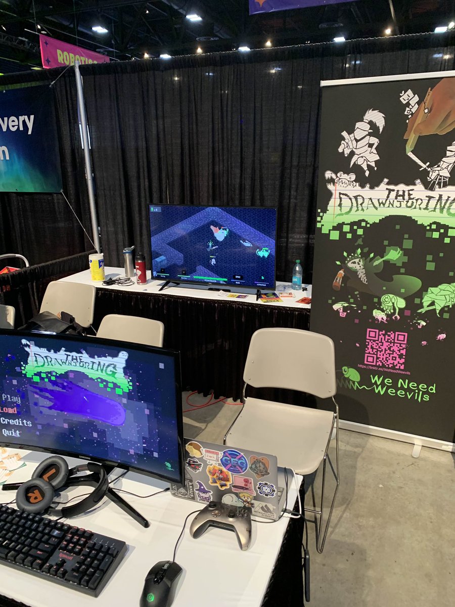 weneedweevils's tweet photo. Final day exhibiting with #GDX2024 at #kdays2024! Last chance to stop by (John is defending the last two pieces of candy 🍭)

#thedrawnjuring #indiedev #gaming https://t.co/RzmcBsQSe3