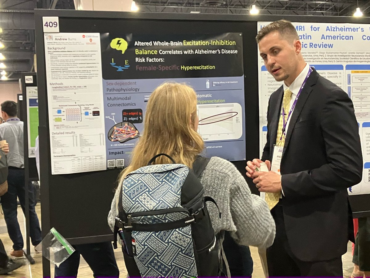 alexfeuillet's tweet image. So happy to see @drew_burns5 present #aaic2024 our work on sex differences in excitation inhibition balance in early #Alzheimers pathology. In short we found that women E4 carriers are more prone to neuronal hyper-excitation than other groups. @UIConect