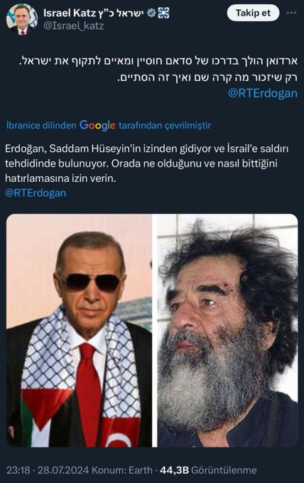 zekibahce's tweet photo. İtrailin bir iti Cumhurbaşkanımız Erdoğan'ı tehdit etmiş.

Saddam Hüseyin'in izinden gidiyor demiş.
Recep Tayyip Erdoğan, Saddam Hüseyin değil, Türk milleti de Iraklı gibi işgalci ABD'yi görünce kucak açan millet değil.
Tarih bilmiyorsun, haddini de bilmiyorsun.

Vallahi yok oluşunuz Türk Milletinin elinde olacak.