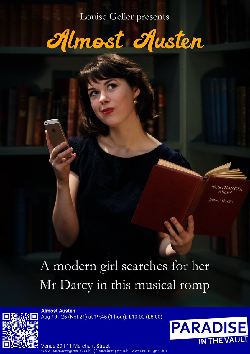 Join us for Almost Austen at <a href="/edfringe/">Edinburgh Festival Fringe</a> 
A musical romantic comedy about a modern girl in love with Austen’s world and trying to find her own Mr Darcy. 

#edfringe #operasinger #musicaltheatre #janeausten #bridgerton