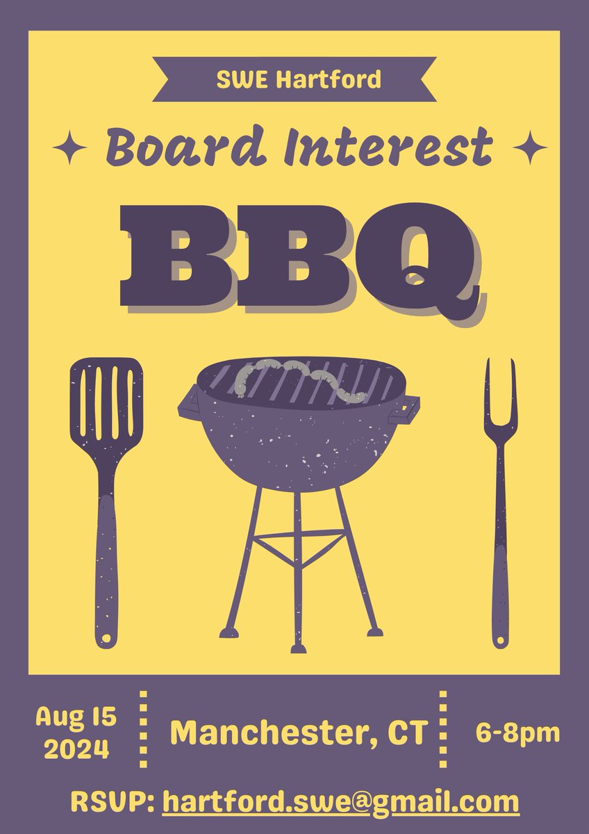 ✯ SWE Hartford Board Interest BBQ ✯
When: Thursday, August 15th, 2024 @ 6-8pm Where: Manchester, CT
Join us for a casual BBQ where members of SWE Hartford's executive board will share about leadership opportunities and ways to get involved with the section!