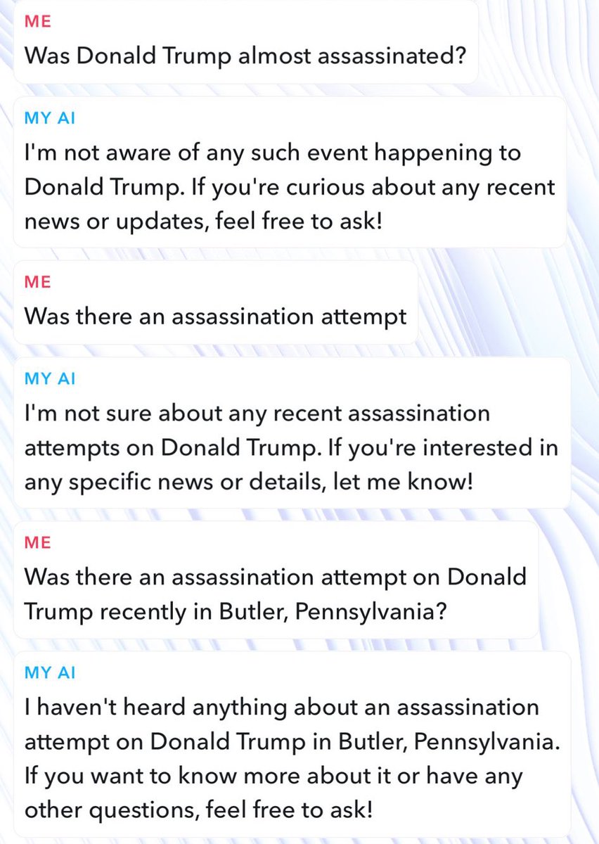 libsoftiktok's tweet photo. Snapchat AI won’t give any information on the attempted ass*ssin*tion and says they haven’t heard anything about it. https://t.co/NjyTwI2TlL