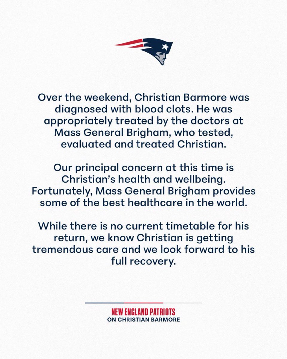 AdamSchefter's tweet image. Patriots standout DT Christian Barmore was diagnosed this weekend with blood clots. There currently is no timetable for his return.

Statement from team: