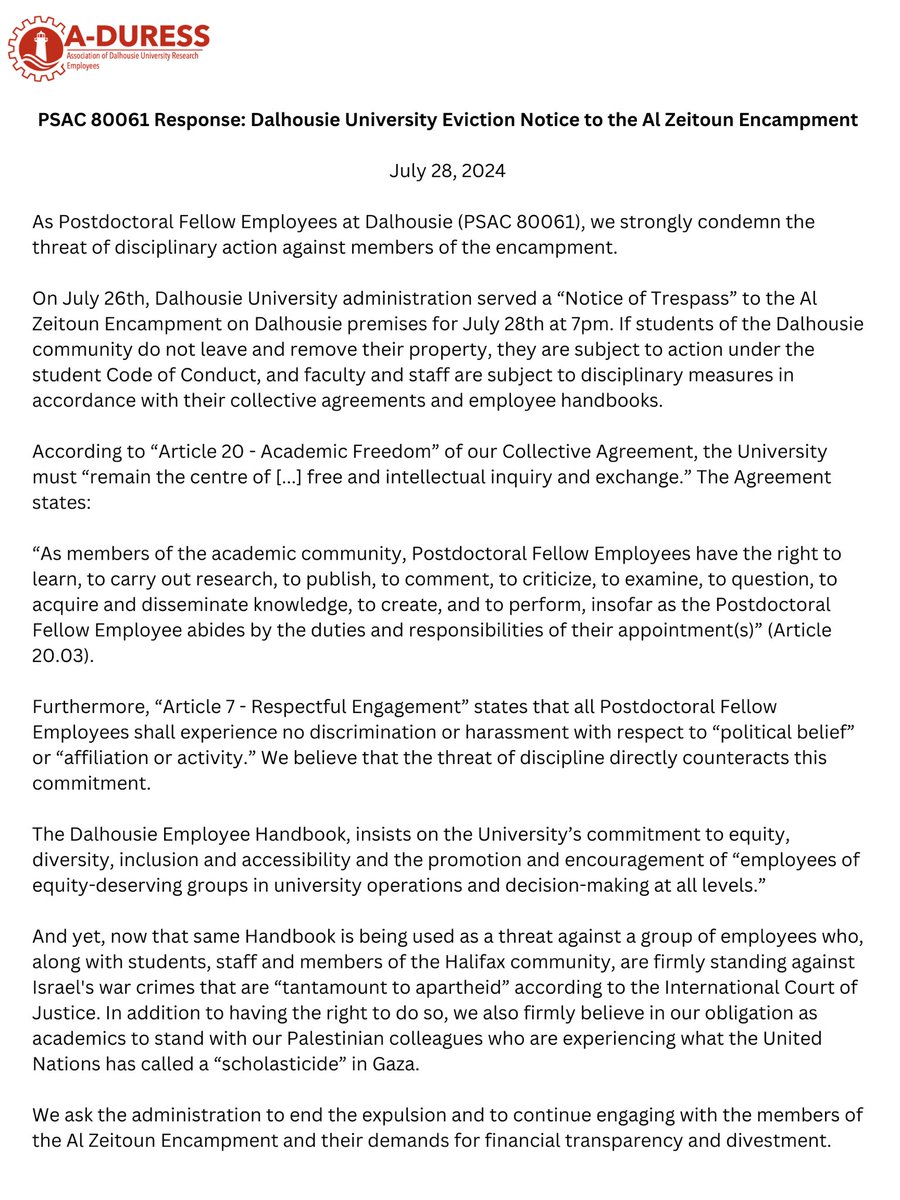 Our response to Dalhousie University serving an eviction notice to the Al Zeitoun Encampment.