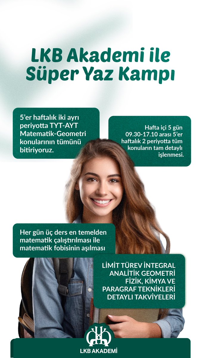 lkbakademi's tweet photo. Üniversite sınavlarına hazırlık süreçleri en az bir ay yaz kampı aracılığı ile başlaması gereken süreçlerdir. Doğru başlangıç istenen sonuçlar verecektir. Yaz kampları ayt matematik adına limit türev ve integral destekli bir çalışmanın yanında Türkçe paragraf soru çözüm destekleri ile kusursuz bir katkıya dönüşür ve sezonun ilk deneme sınavlarında harika bir motivasyon sağlar. Bunların yanı sıra organik kimya ile tanışmak da fena fikir değil.

#üniversite 

#üniversitesınavı

#yks2025

#tyt

#ayt

#kütüphaneçalışması

#denemekulübü

#denemesınavı

#koçluk