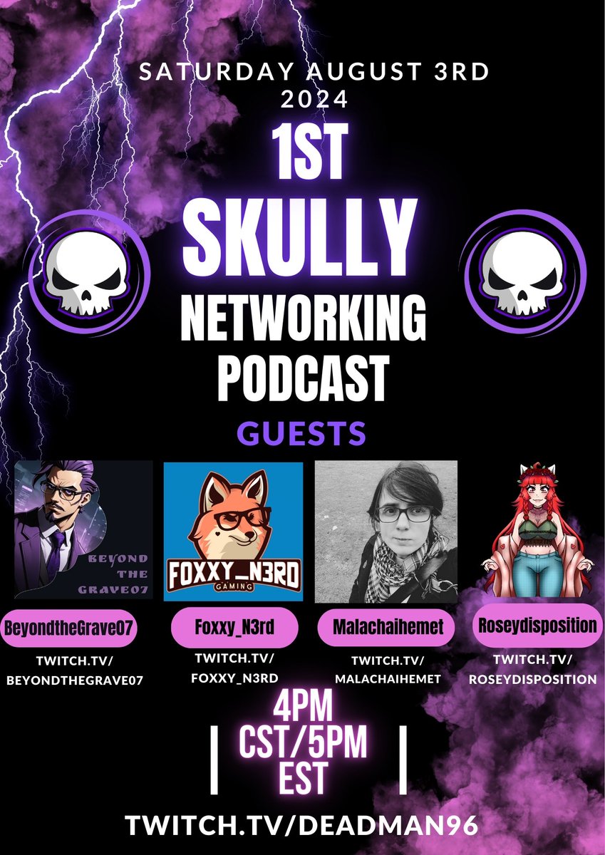 The 1st Skully Networking Podcast and 1st Skully event. Hope to see you there!
All bout networking with other streamers/creators and their communities

Guests 
<a href="/Btg07Gaming/">Beyond The Grave07 Gaming</a>
<a href="/Foxxy_N3rd/">Foxxy_N3rd</a>
@malachaihemet
<a href="/RoseyDispositon/">RoseyDispositionVtuber!❤️</a>

 Keep on Slayin! 
#Skullies #Keeponslayin #podcasting