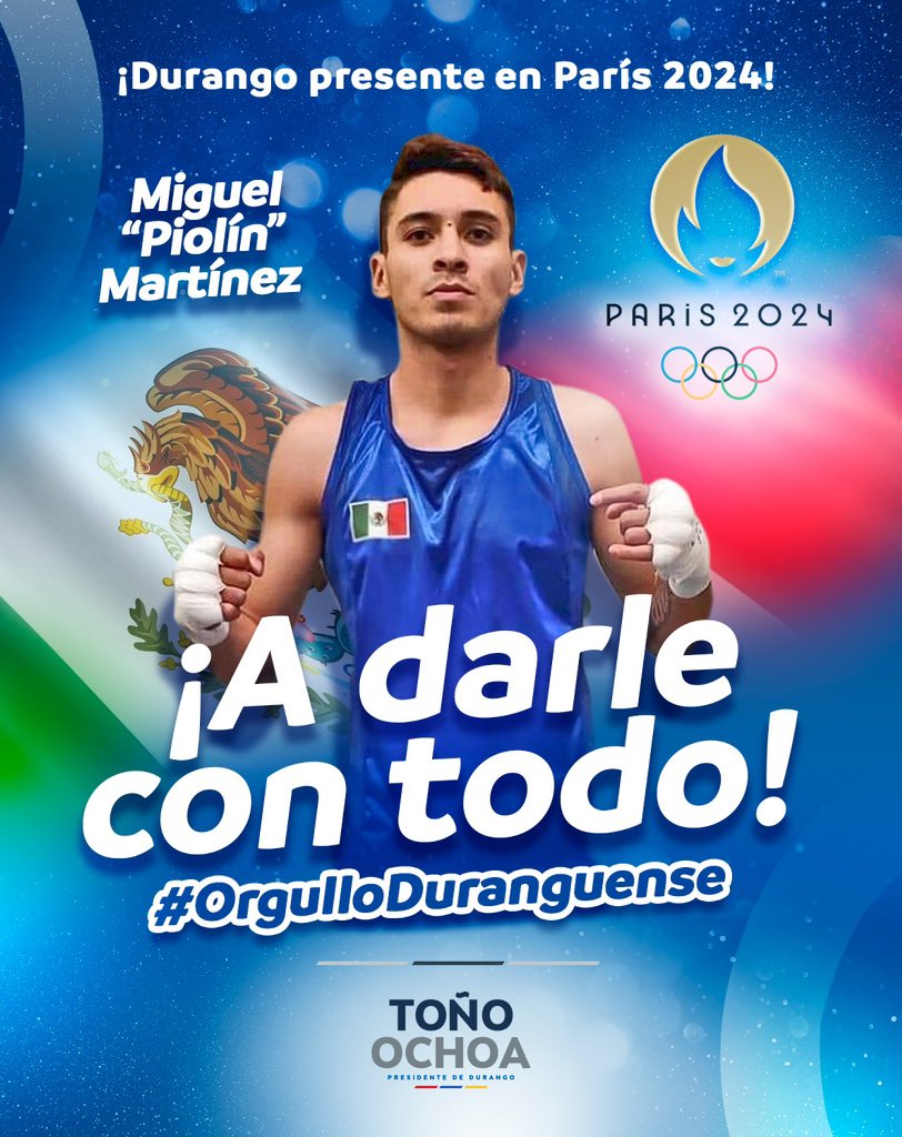 ¡Vamos con todo “Piolín” Martínez! 🦂🥊 

A las 4️⃣ am de este lunes, nuestro paisano duranguense tiene una cita con la gloría olímpica. 

¡A poner en alto el nombre de #Durango y cosechar el fruto de todo tu esfuerzo campeón! 🤜🏼🏅🤛🏼