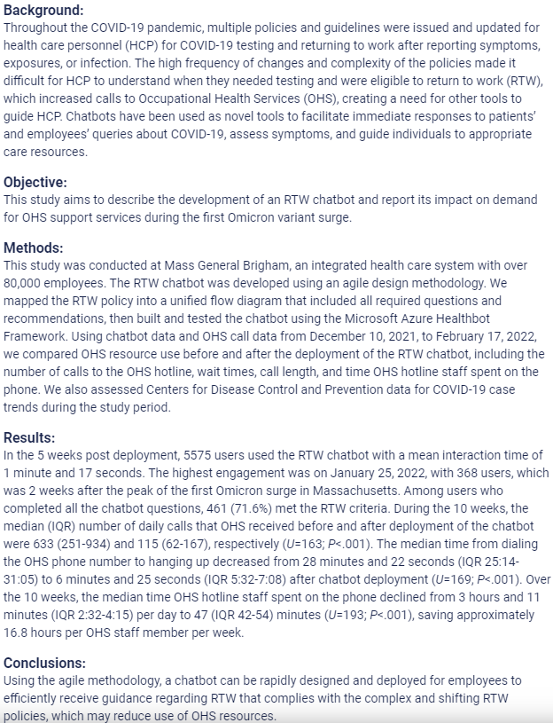 Clinical Informatics | Mass General Brigham (@massgenbrigci) on Twitter photo 🆕 Implementation of a Web-Based Chatbot to Guide Hospital Employees in Returning to Work During the COVID-19 Pandemic: Development and Before-and-After Evaluation formative.jmir.org/2024/1/e43119/ <a href="/OzanUnluMD/">Ozan Unlu</a> <a href="/landmaad/">Adam Landman</a> <a href="/markzhangdo/">Mark Zhang DO MMSc FAMIA</a> 🆕 Implementation of a Web-Based Chatbot to Guide Hospital Employees in Returning to Work During the COVID-19 Pandemic: Development and Before-and-After Evaluation formative.jmir.org/2024/1/e43119/ <a href="/OzanUnluMD/">Ozan Unlu</a> <a href="/landmaad/">Adam Landman</a> <a href="/markzhangdo/">Mark Zhang DO MMSc FAMIA</a>