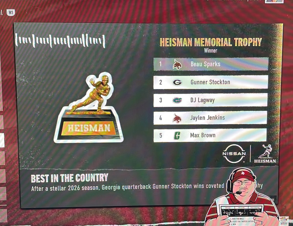 TXSTgameday's tweet photo. Beau Sparks
2026 Heisman Trophy Winner
#TakeBackTexas #ShowEmState https://t.co/NcPGZDho43