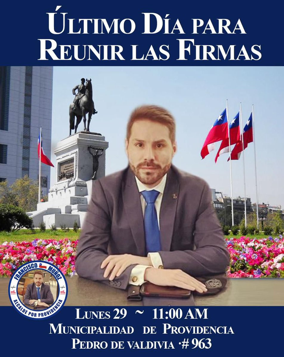 🔴 Lunes 29 
⚪️ 11:00 AM
🔵Municipalidad de Providencia 
🔜 Pedro de Valdivia #963

Si votas en Providencia firma aquí con tu clave única, el Patrocinio a Francisco Muñoz como Alcalde de Providencia. 👇
patrocinantes.servel.cl/auth/login