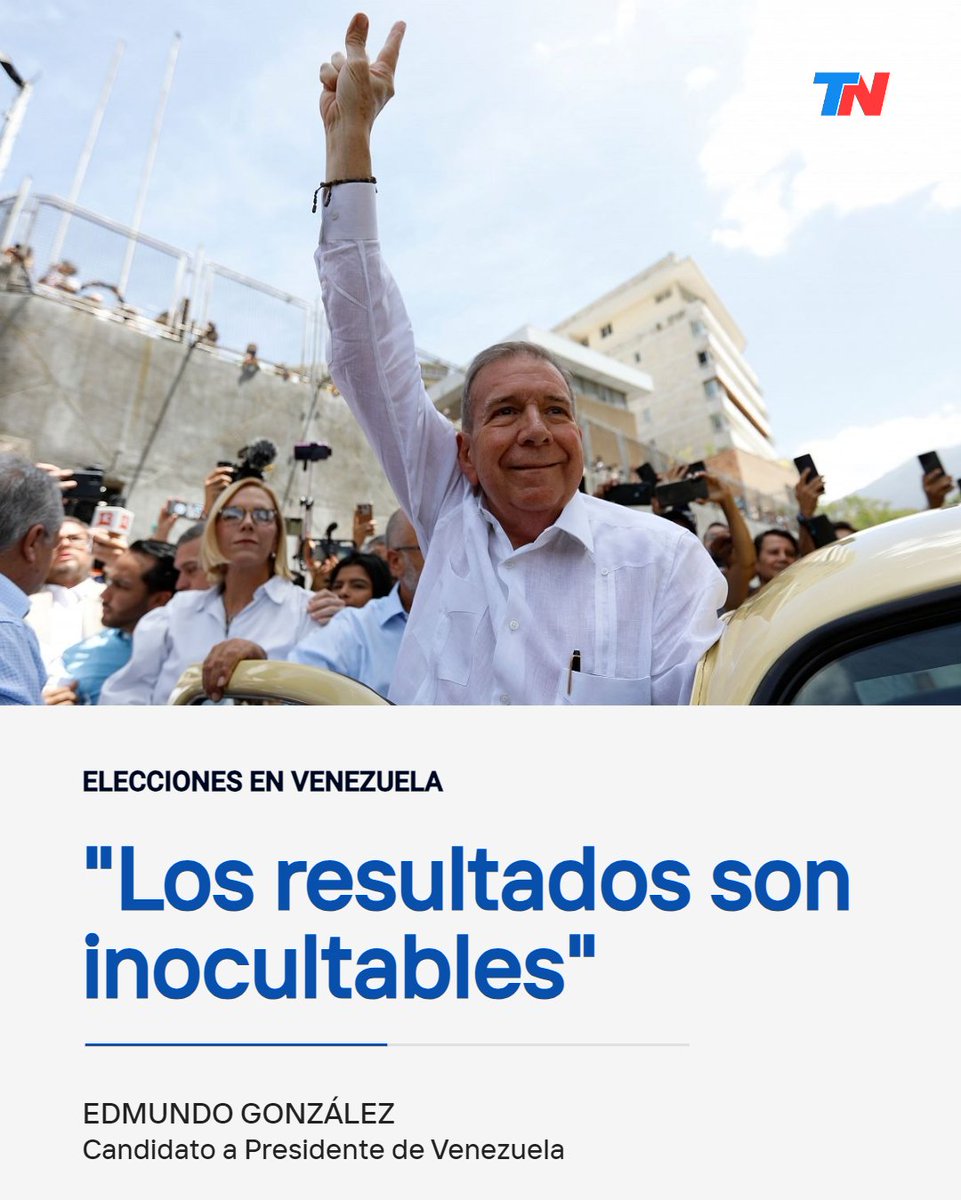 todonoticias's tweet image. "EL PAÍS ELIGIÓ UN CAMBIO EN PAZ" | tinyurl.com/2vab8a7j

Sin datos oficiales, Edmundo González Urrutia anunció que el resultado de la elección es "inocultable". "El país eligió un cambio en paz", sostuvo en un breve mensaje publicado en la red social X.