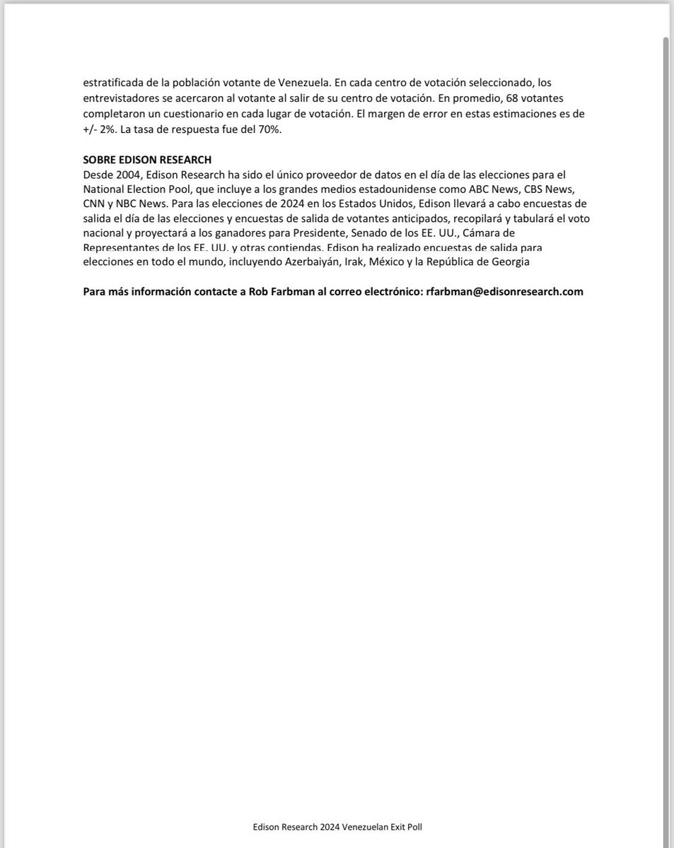 #HCHInternacionales | 🇻🇪🗳 𝐄𝐥𝐞𝐜𝐜𝐢𝐨𝐧𝐞𝐬 𝐕𝐞𝐧𝐞𝐳𝐮𝐞𝐥𝐚 𝟐𝟎𝟐𝟒.

▶ Medición de Edison Research, que opera en más de 66 países en todo el mundo proyecta que la oposición estaría llevando una ventaja de:

🔵Edmundo González 65%
🔴Nicolas Maduro 31%