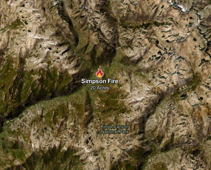 KernFiregraph's tweet photo. As for the #SimpsonFire, unsure of the progress on it but it was last reported 20 acres in the rural area and middle of nowhere in Kings Canyon National Park. https://t.co/gZkZopiHRG