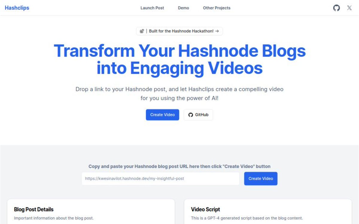 kwesinavilot's tweet image. Excited to introduce Hashclips, my entry for @hashnode&apos;s hackathon! 🚀 Turn your blog posts into engaging videos with just one click. AI-powered content repurposing for busy creators. From a procrastinator&apos;s problem to an innovator&apos;s solution. #AIForTomorrow