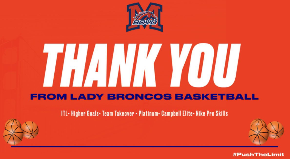 We want to thank our AAU programs for their commitment and investment into the Lady Broncos this Summer!! We are better because of you! 
#PushTheLimit #WeWill <a href="/HigherGoalsHoop/">Higher Goals (Official Member of Select 40)</a> <a href="/ProSkills2024/">NikeProSkills2024</a> <a href="/ITLTexas/">ITL Texas</a> <a href="/TeamTakeoverGBB/">TeamTakeoverGirlsBB</a> <a href="/EvansYarvis/">Yarvis Evans</a>