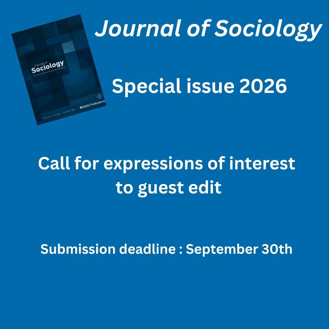 TASA (@austsoc) on Twitter photo Incoming <a href="/JSociology/">Journal of Sociology</a> Editors in Chief (2025 - 2028) Ashley Barnwell and Signe Ravn are calling for expressions of interest to guest edit the 2026 Special Issue.
Deadline: September 30th, 2024
For details, visit tasa.org.au/content.aspx?p⦠Incoming <a href="/JSociology/">Journal of Sociology</a> Editors in Chief (2025 - 2028) Ashley Barnwell and Signe Ravn are calling for expressions of interest to guest edit the 2026 Special Issue.
Deadline: September 30th, 2024
For details, visit tasa.org.au/content.aspx?pā¦
