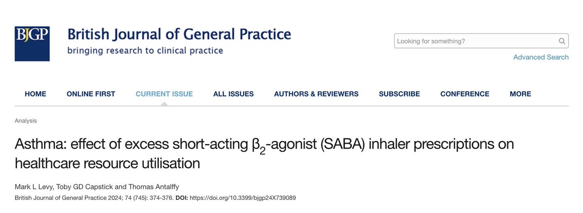 Asthma: effect of excess short-acting β2-agonist (SABA) inhaler prescriptions on healthcare resource utilisation bjgp.org/content/74/745…