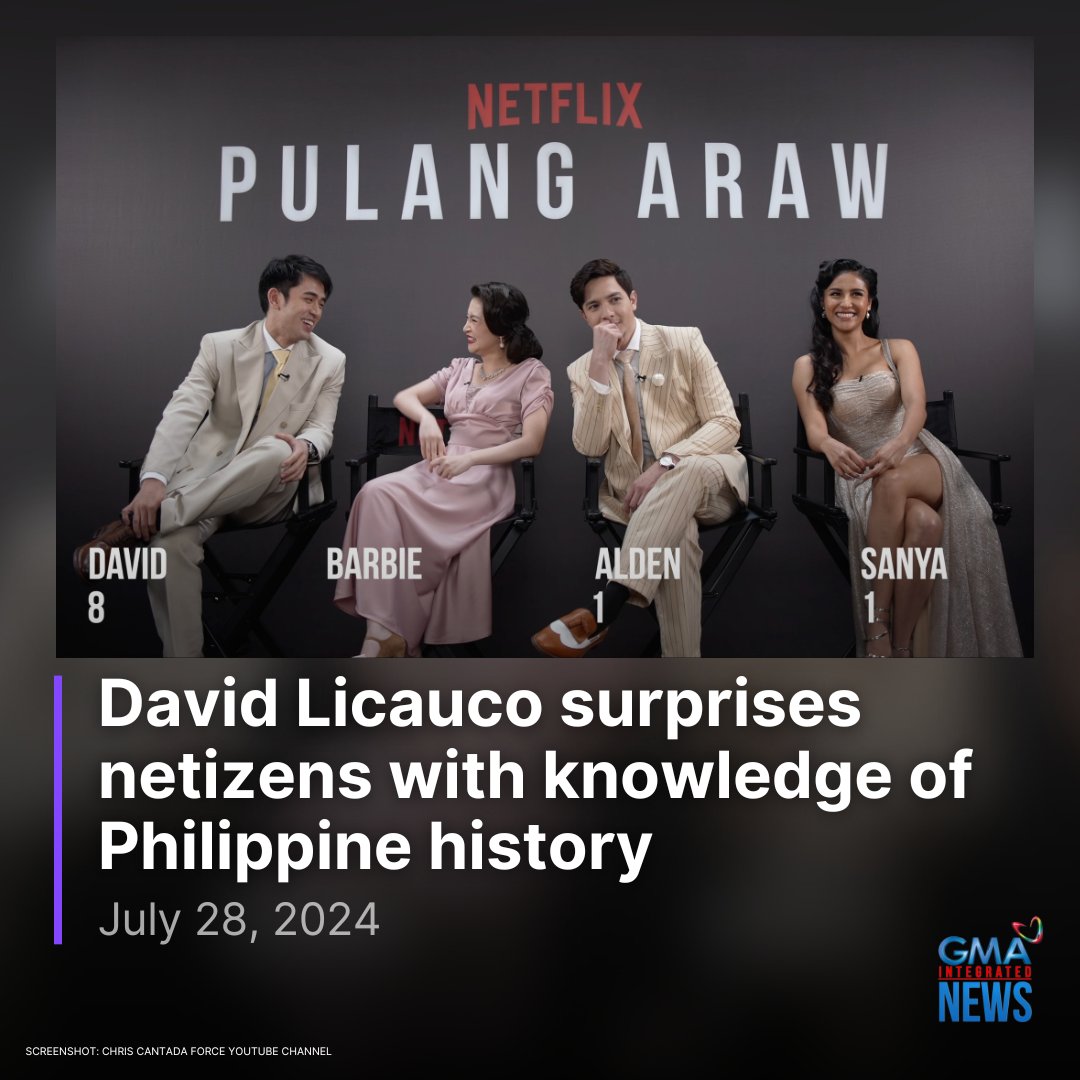 Aside from being an impressive actor, David Licauco is also an intelligent man who knows facts about Philippine history.

On YouTube, vlogger Chris Cantada shared his exclusive interview with the "Pulang Araw" cast, including David, Alden Richards, Barbie Forteza, and Sanya