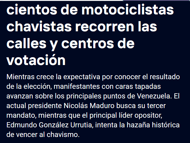 PedullaG's tweet photo. CARACAS. URGENTE. CENTENAS DE MOTOS CON ENCAPUCHADOS Y ARMADOS RECORREN LOS CENTROS DE VOTACION. AGREDEN A LOS FISCALES DE LA OPOSICIÓN. CORINA MACHADO PIDE A SEGUIDORES REUNIRSE EN EL CENTRO DE CARACAS. SITUACION DE ALTA TENSIÓN. https://t.co/FLU1EA9qbr