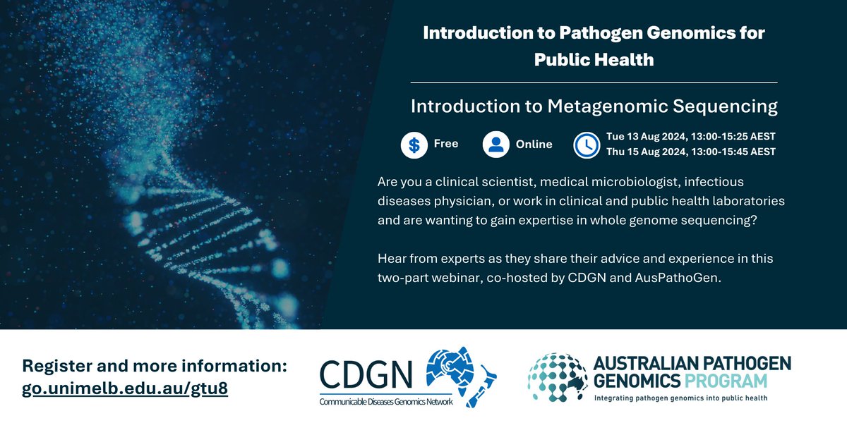 Registrations are now open for the "Introduction to Metagenomic Sequencing" webinar, co-hosted with <a href="/CDGN_Australia/">CDGN</a> 🧬🦠

The sessions will be taking place across Tue 13 &amp; Thu 15 August, make sure to register via the link🔗go.unimelb.edu.au/gtu8