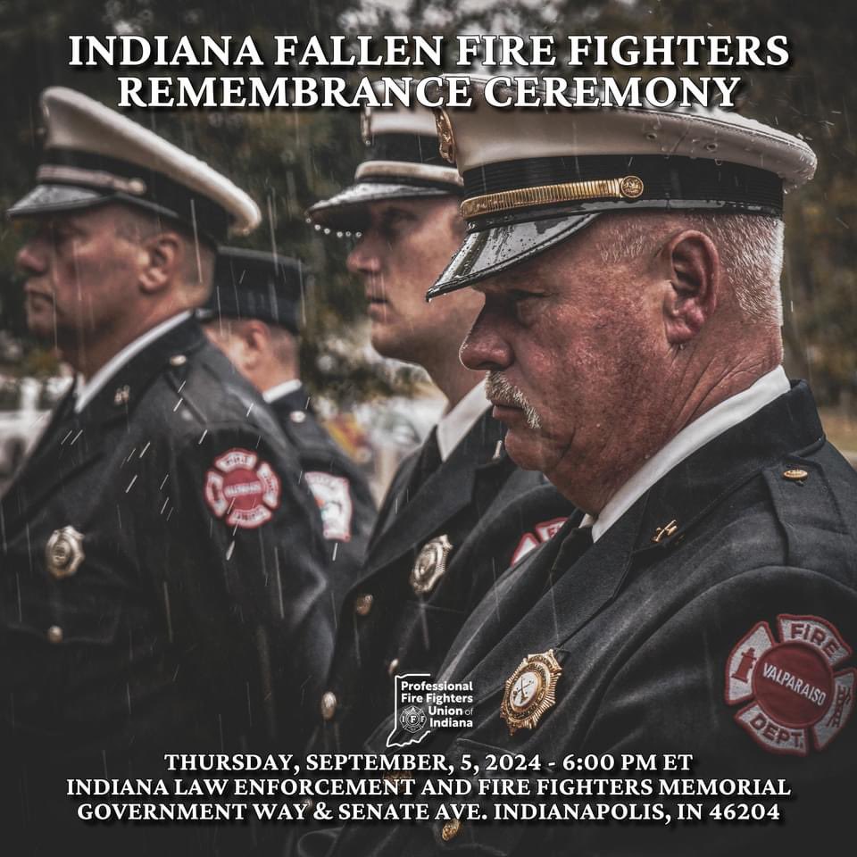 Join us Thursday, September 5, for the 2024 Indiana Fallen Fire Fighters Annual Remembrance Ceremony. This year, we will honor the memory of 13 fire fighters who lost their lives in the line of duty by adding their names to the memorial.