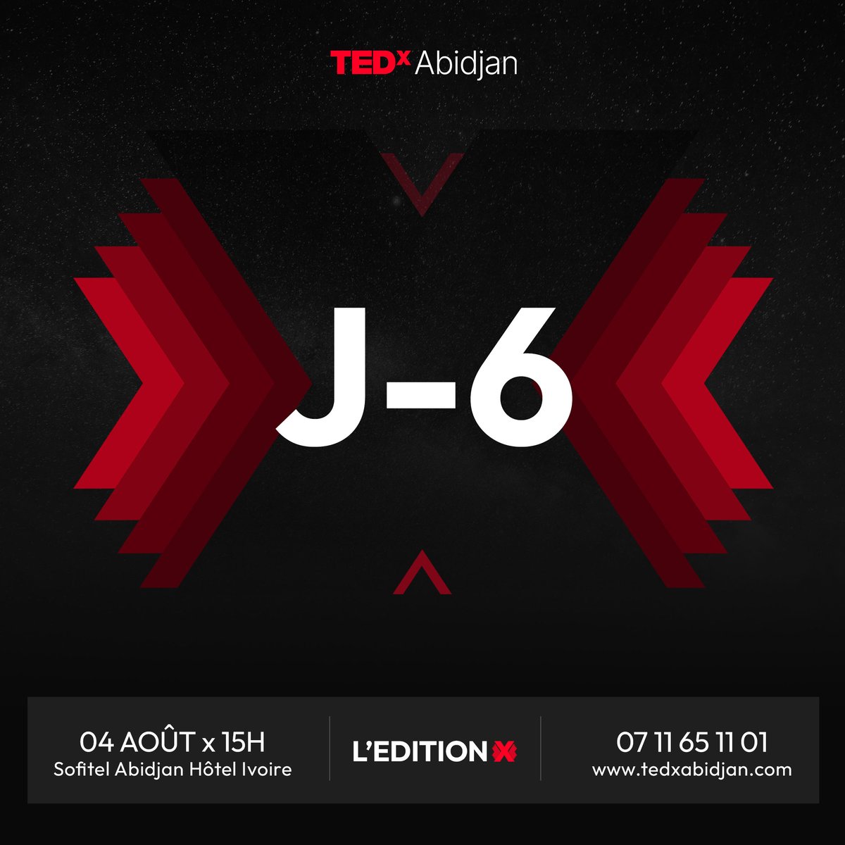 Jour J-6 : Nous sommes prêts et vous ?
Plus que quelques jours pour espérer prendre part à cette 10eme édition.
Les dernières places disponibles ici : bit.ly/LEditionX
-
#TEDxAbidjan #LEditionX #10ansdepartage