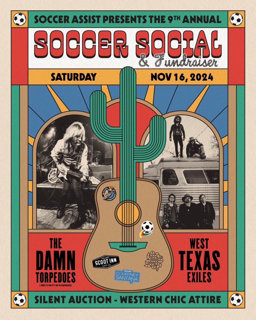 📆 SAVE THE DATE—11.16.24

9th Annual Soccer Social &amp; Fundraiser @ the Historic Scoot Inn with West Texas Exiles, The Damn Torpedoes, &amp; Courtney Santana Music…plus surprise guests!

Tickets available on 9.15.24 | Email soccerassistatx@gmail.com for sponsor info.