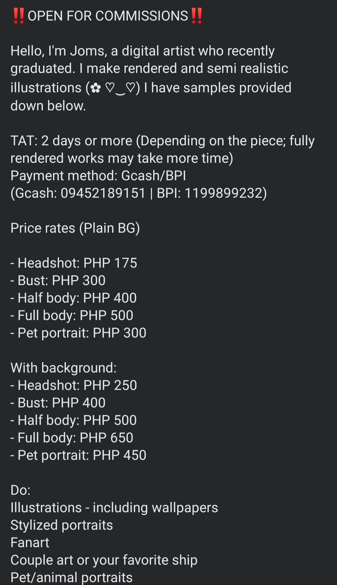 jomayari's tweet image. Hello! As I'm preparing for board exams next year and adjusting to my new life as a psych graduate, I will be accepting commissions. Feel free to read about the details provided below.