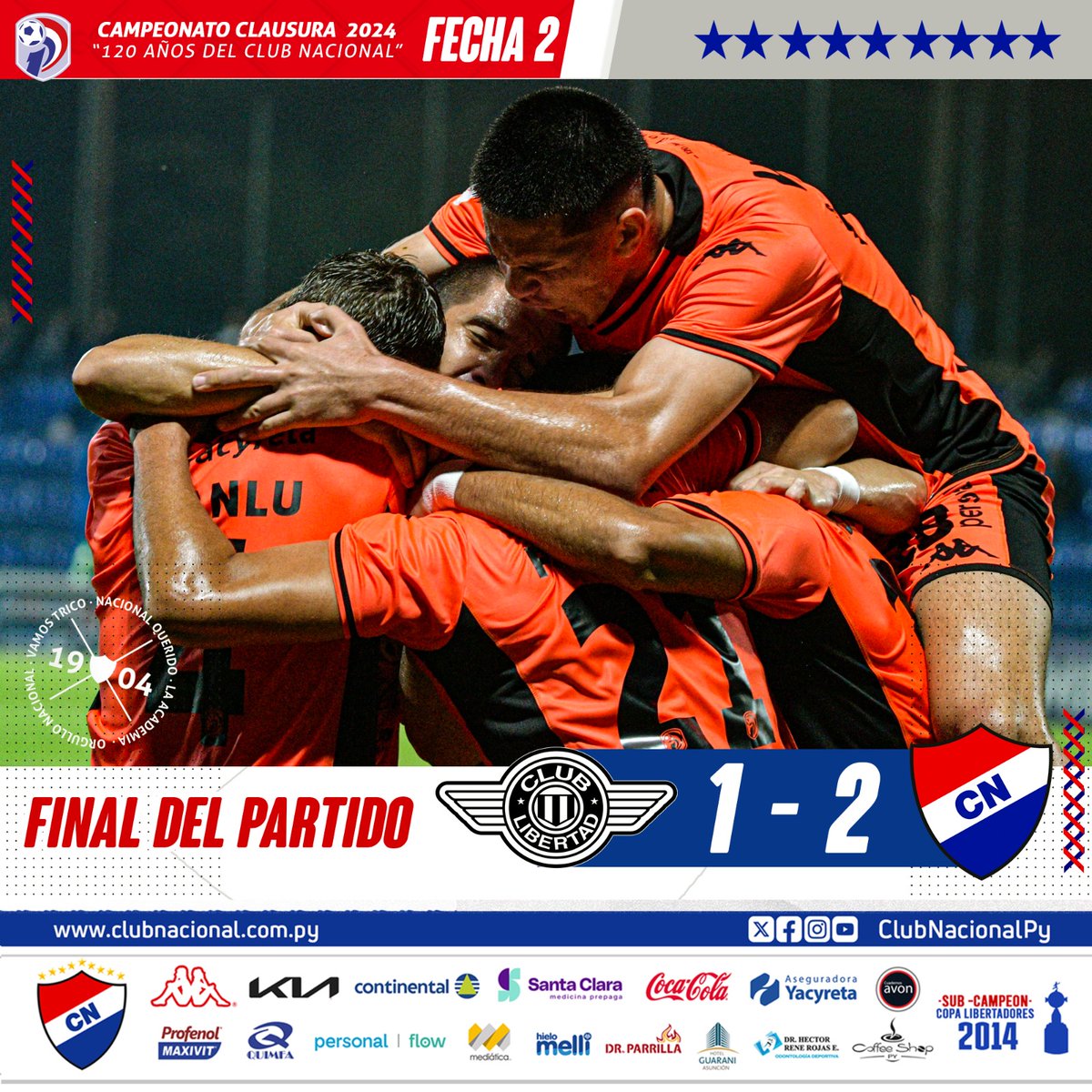 #Clausura2024🏆

🔜 Fecha 2️⃣ 

𝗙𝗶𝗻𝗮𝗹 𝗱𝗲𝗹 𝗣𝗮𝗿𝘁𝗶𝗱𝗼 

GANÓ NACIONAL  😍

Libertad  1️⃣➖️ 2️⃣ #Nacional 

⚽️ Diego Duarte
⚽️ Fabian Franco 

#120Años #VamosNacional 🔴⚪️🔵