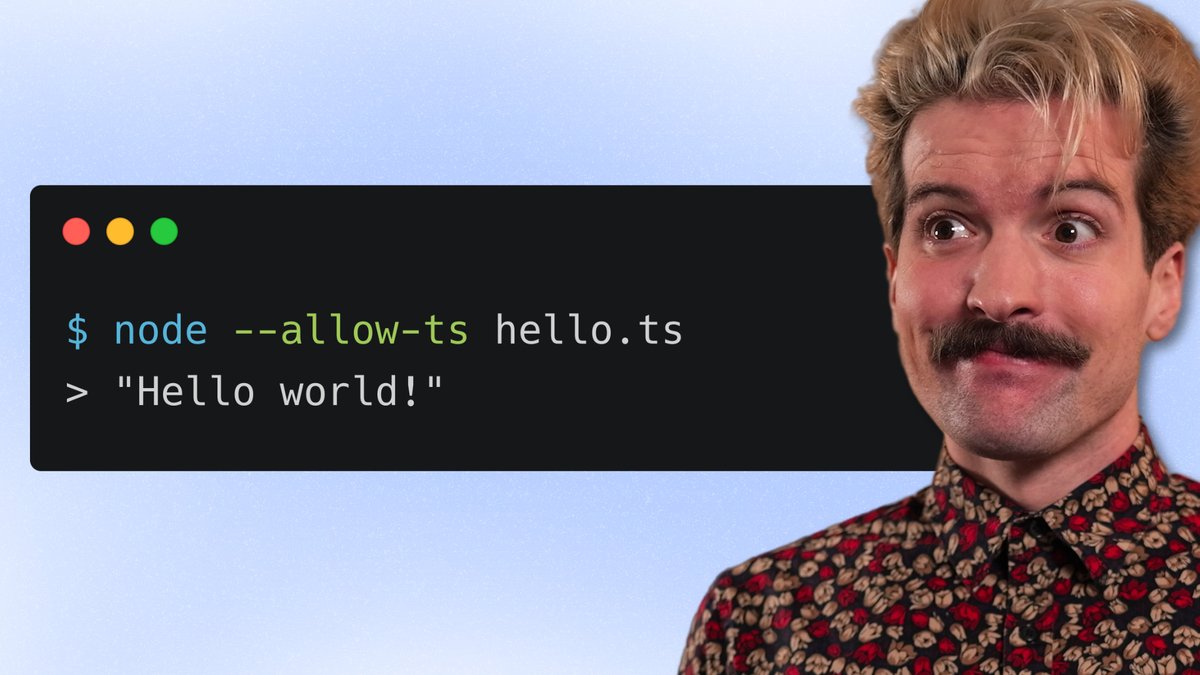 theo's tweet image. Node FINALLY added TypeScript support (yes really) - new video live now
