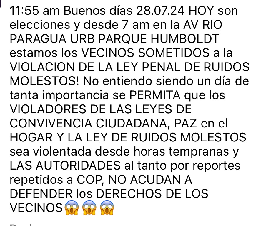 maikaefer3's tweet photo. @darwingonzalezp @manueltangir @PoliBaruta @luisaguilarj ALCALDE/DIR POLIBARUTA:VECINOS AV RIO PARAGUA,URB.PQUE. HUMBOLDTsinPROTECCIÓN/ DEFENSA,contra ABUSADORES/ ATROPELLADORES ciudadanos/MOTORIZADOS/ VEHÍCULOS conMÚSICA! INGESTA alcohol enVÍA PÚBLICA!COP informado, AUTORIDADES? https://t.co/LTYOAMvbnn