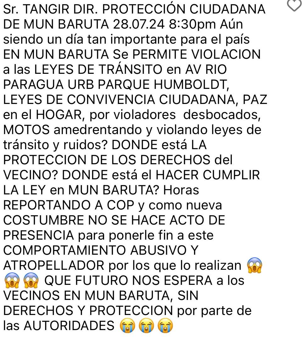 maikaefer3's tweet photo. @darwingonzalezp @manueltangir @PoliBaruta @luisaguilarj ALCALDE/DIR POLIBARUTA:VECINOS AV RIO PARAGUA,URB.PQUE. HUMBOLDTsinPROTECCIÓN/ DEFENSA,contra ABUSADORES/ ATROPELLADORES ciudadanos/MOTORIZADOS/ VEHÍCULOS conMÚSICA! INGESTA alcohol enVÍA PÚBLICA!COP informado, AUTORIDADES? https://t.co/LTYOAMvbnn