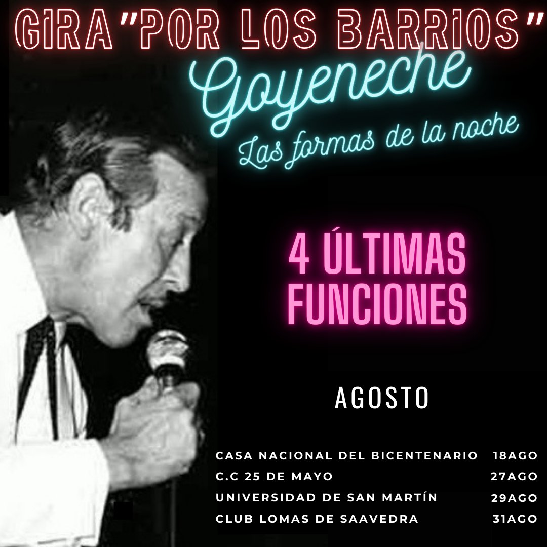 mgdocumentales's tweet image. Se  viene el último tramo de la gira “Por los barrios”. En agosto  celebramos a Roberto Goyeneche a 30 años de su partida. Son 4  proyecciones que vienen cargadas de emoción y espíritu popular. Te esperamos!😍