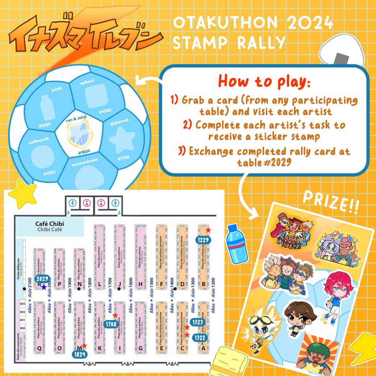 YOU THOUGHT WE WOULDN'T DO ANOTHER INAZUMA ELEVEN STAMP RALLY??? GUESS AGAIN !!!! 
Drop by any participating table to grab a card, complete our tasks, and get a super cute sticker sheet !! Very limited quantity ! Come chat about soccer with us !!! ⚽️⚽️ #Otakuthon #inazumaeleven
