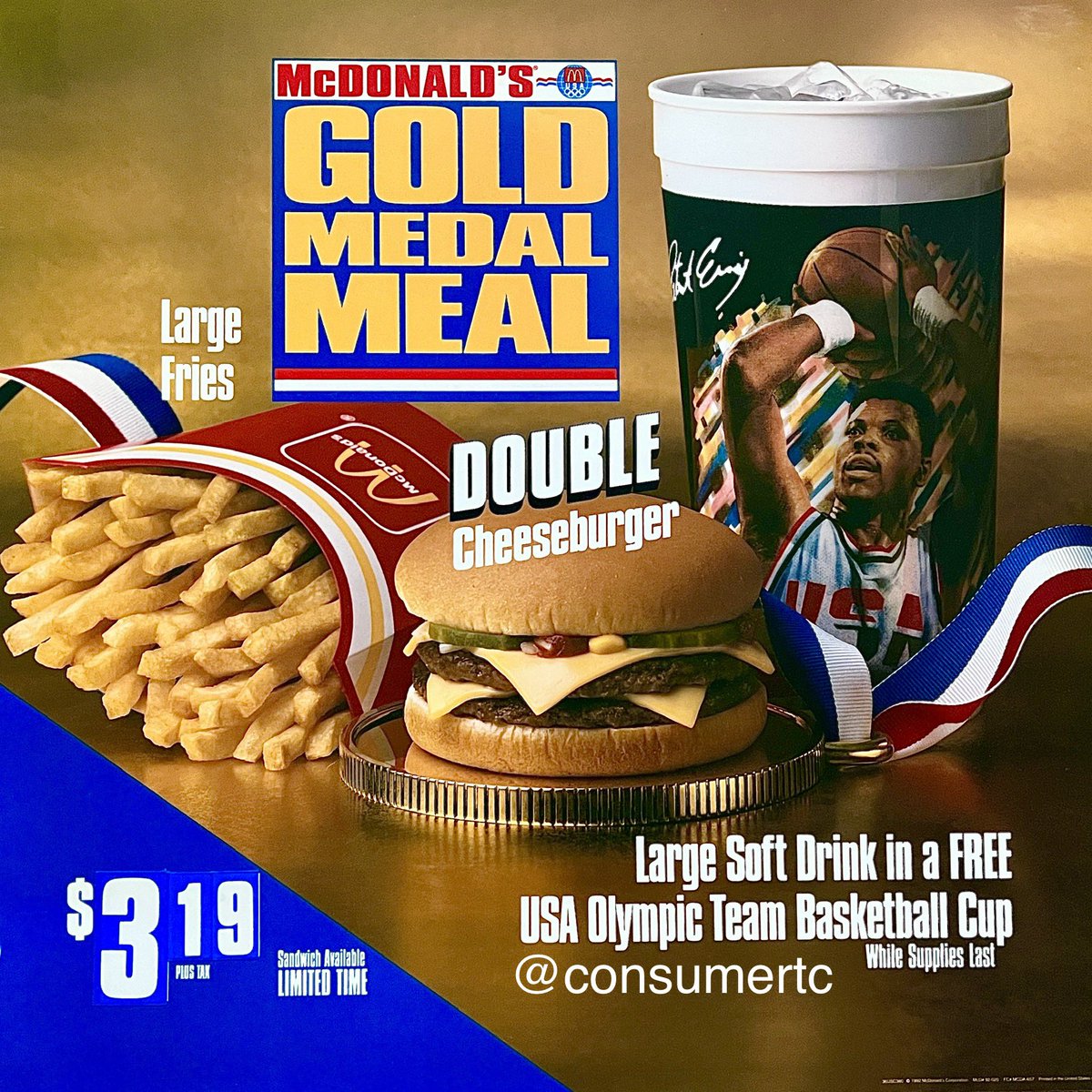 consumertc's tweet photo. While there were countless Happy Meals that I loved as a kid, I was never more excited for a McDonald’s promo than the “Gold Medal Meal” DREAM TEAM CUPS. I still drink out of these to this day! Which ones did you have? (1992) https://t.co/LdWDrEslw6