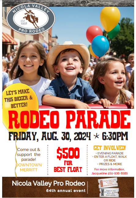 NicolaTourism's tweet photo. Join Tourism Nicola Valley in supporting the Nicola Valley Rodeo Parade on Friday, August 30th, 2024 at 6:30 PM! This event is a must-see with amazing displays of horsemanship and community pride. Don't miss out! #merrittmatters #nvparade #nicolavalleyprorodeo #rodeoparade https://t.co/jK1p2thcwa