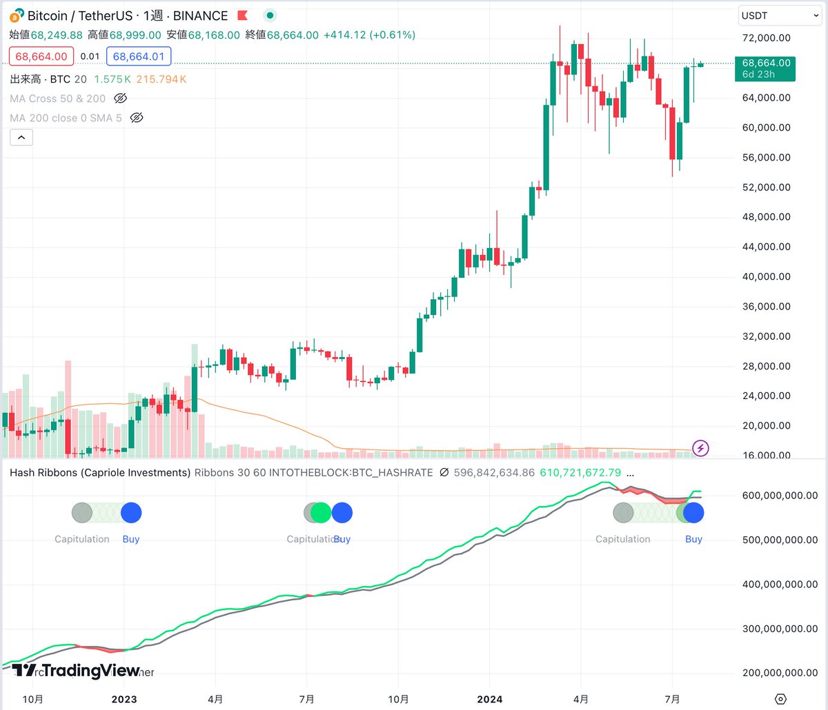 速報】ビットコインのハッシュリボン（HashRibbons）、週足にBuyサインが点灯🔥 - 日足は点灯済み -  BTCのハッシュレートに基づき、マイナー動向から相場を予見するための指標の1つ - 過去の実績から、Buyサイン点灯後にBTC価格 が上昇する確率は非常に高く、比較的信頼度 ...