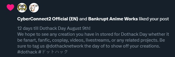dothackrevival's tweet image. @cc2information likes the tweets of @dothacknetwork regarding about the dothack day in August 9th! #dothack