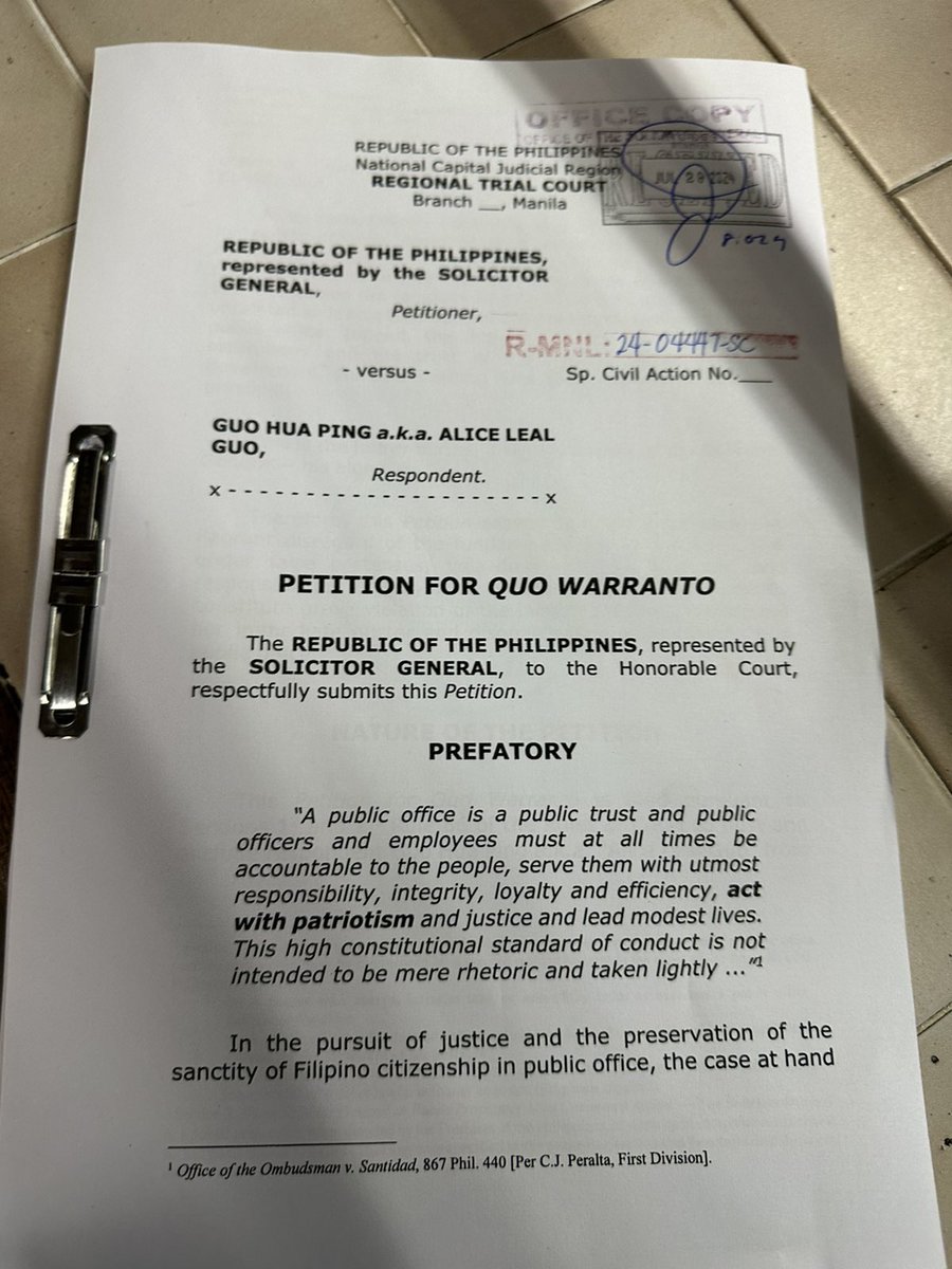 JUST IN: The Office of the Solicitor General has filed quo warranto case against Bamban, Tarlac Mayor Alice Guo. | <a href="/T2TupasINQ/">tetch torres-tupas</a>