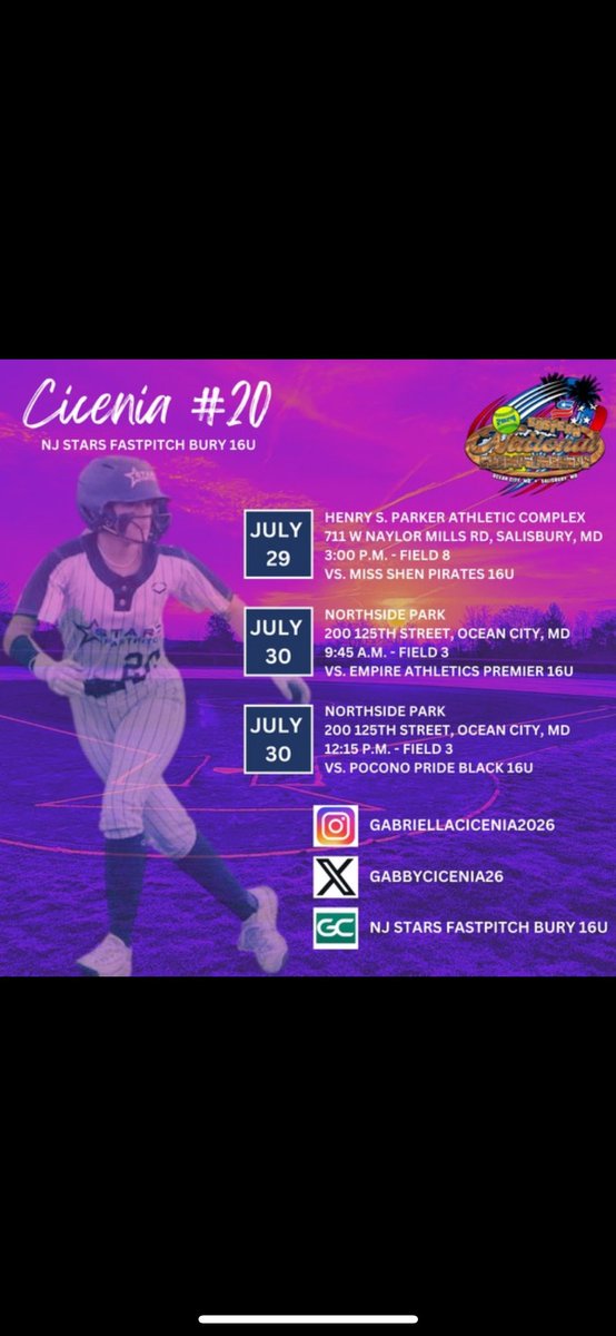 Gabriella Cicenia 2026 (@gabbycicenia26) on Twitter photo Last Weekend of the Summer Season! Nationals in Ocean City, Maryland! Here is my schedule for the first 2 days. <a href="/stars_FPNJ/">NJStarsFastpitch</a> Last Weekend of the Summer Season! Nationals in Ocean City, Maryland! Here is my schedule for the first 2 days. <a href="/stars_FPNJ/">NJStarsFastpitch</a>