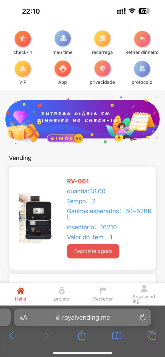 Para começar é fácil!!! 
Ao se cadastrar, clique na máquina de café e invista 38 reais para ganhar 50,00 em dois dias!
Faça os check in todos os dias, até chegar em 50,00 reais por dia! Totalizando 600,00 ao mês! 
Bora faturar???