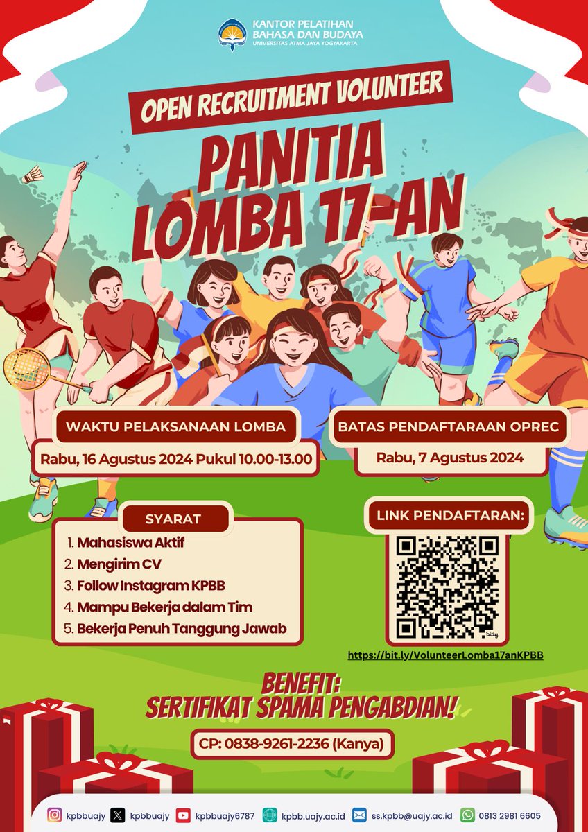 Halo Sobat KPBB!👋
Buat kamu mahasiswa UAJY yang ingin produktif di masa liburan, yuk bergabung bersama KPBB UAJY menjadi volunteer panitia lomba 17-an 🤩🇮🇩

Buruan daftar dirimu sekarang juga melalui link berikut:
bit.ly/VolunteerLomba…

Informasi lain silakan cek poster ya 😊
