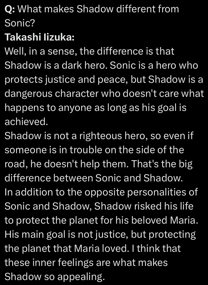 transilegous's tweet image. So the meaning behind the Kabuki makeup is a lie, and Shadow’s just an a$$? That doesn’t sound appealing. The appeal for me is a character who looks dark but is redeemable - that’s more interesting than a guy who both looks and acts like a villain. #ShadowTheHedgehog #WritingFail