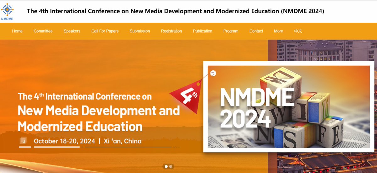 AiScholar01's tweet photo. 4th International Conference on New Media Development and Modernized Education (NMDME 2024) will be held on October 18-20, 2024 in Xi’an, China.
Conference Website:
https://t.co/uDG07SDenK
#internationalconference #Callforpaper #NewMediaDevelopment #ModernizedEducation https://t.co/ncs78oe41j