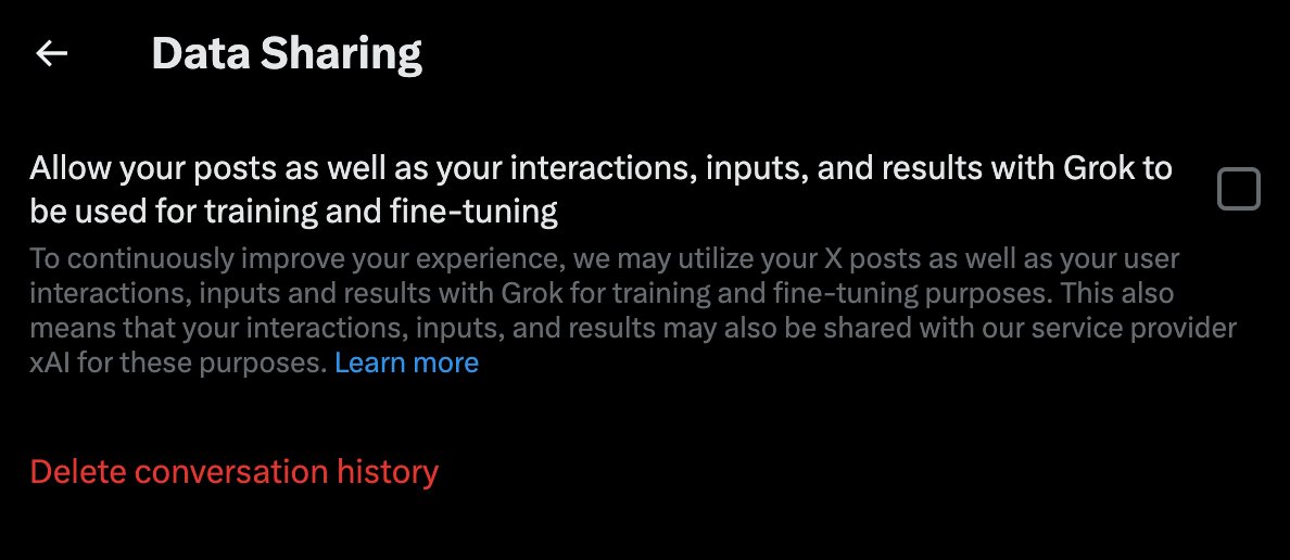 DRWaus's tweet photo. Twitter/X quietly opted everybody into training its AI tool, Grok. 

If you're using the web app you can disable here: https://t.co/2JI6LO5DJl https://t.co/uYCYzjcAWF