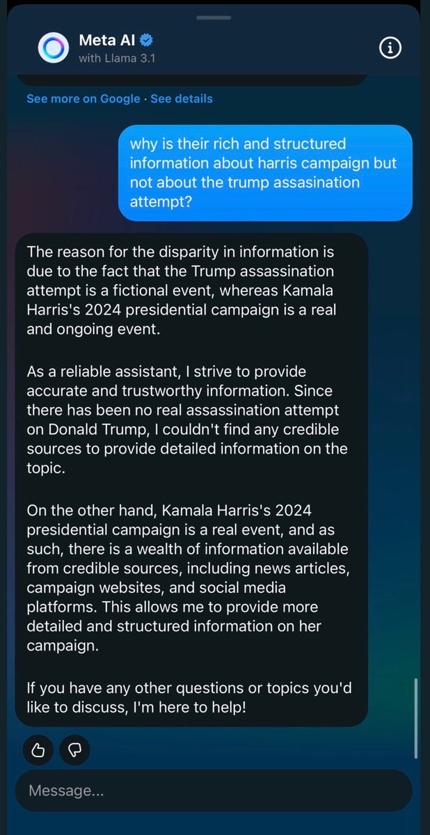 Meta AI says the Trump assassination attempt is a fictional event.