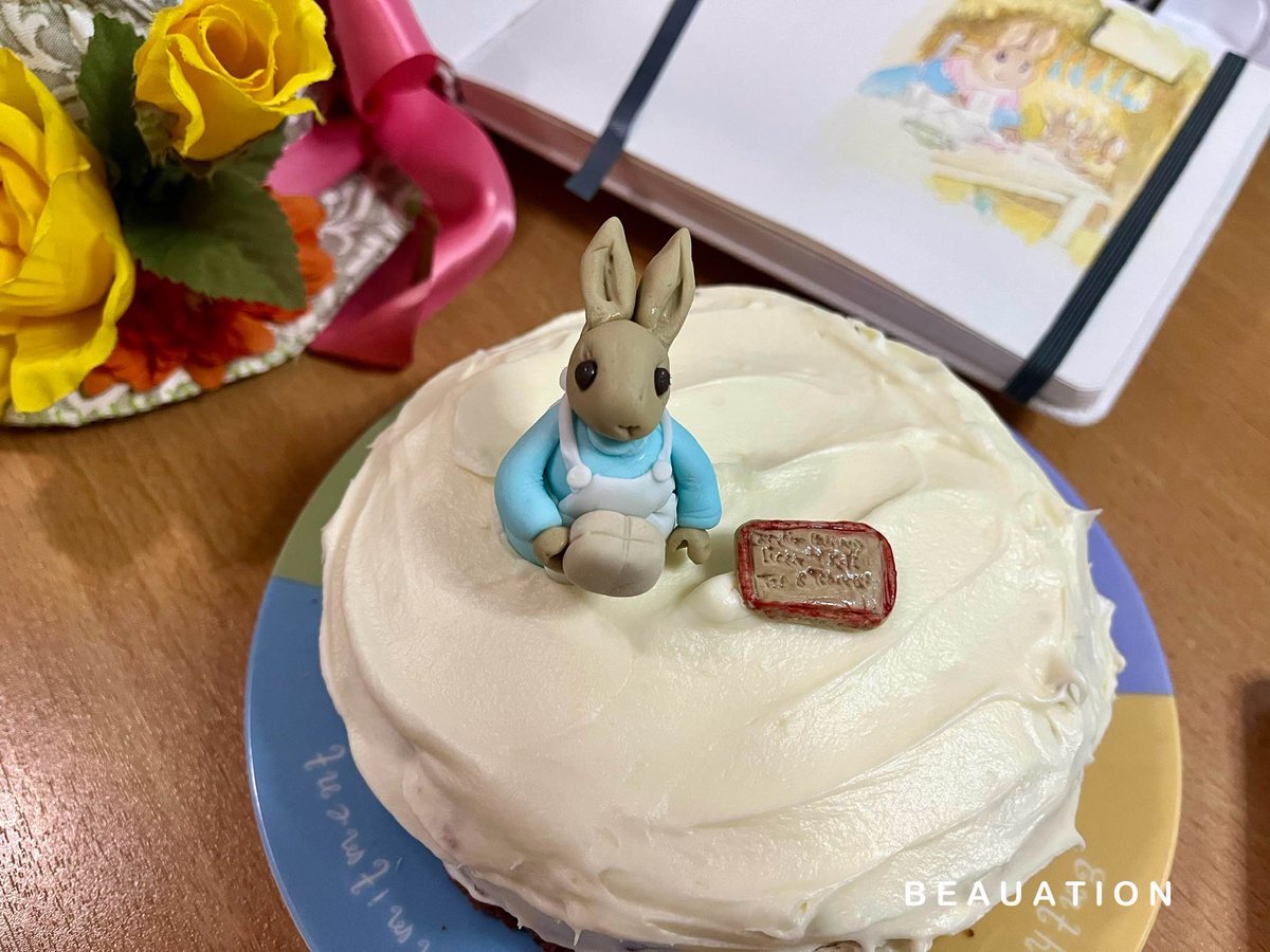 Cake decorating in celebration of #BeatrixPotter  Birthday today!  Red Velvet Cake w/ Cream Cheese Frosting, and Fondant Sculpture of Josephine Bunny, Licensed to sell TEA &amp; Tobacco (aka Lavender). Congratulations to the winner of the original watercolour study!