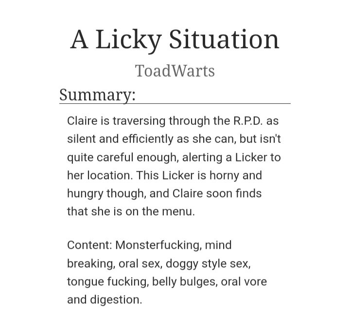 MeatMarket96's tweet photo. New vore fic! This time Claire Redfield gets into a pickle when she comes face to face with a Licker.
https://t.co/A4qlGRSv8y
#vore #vorefic #monsterpred https://t.co/I4waNhFSSb